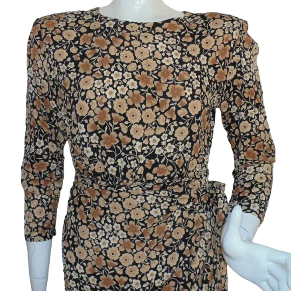 LIZ CLAIBORNE Dress, 8, Black/Tan Floral, Faux Wrap Skirt, Shoulder pads, VTG - Picture 2 of 13